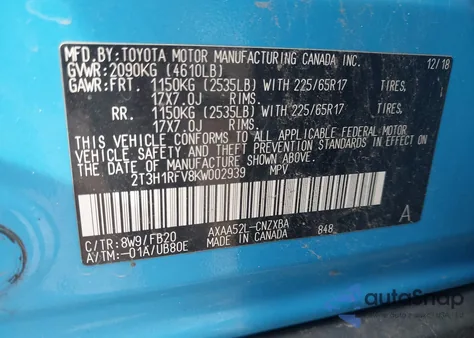 2019 Toyota Rav4 Le z USA, uszkodzony, nr VIN 2T3H1RFV8KW002939